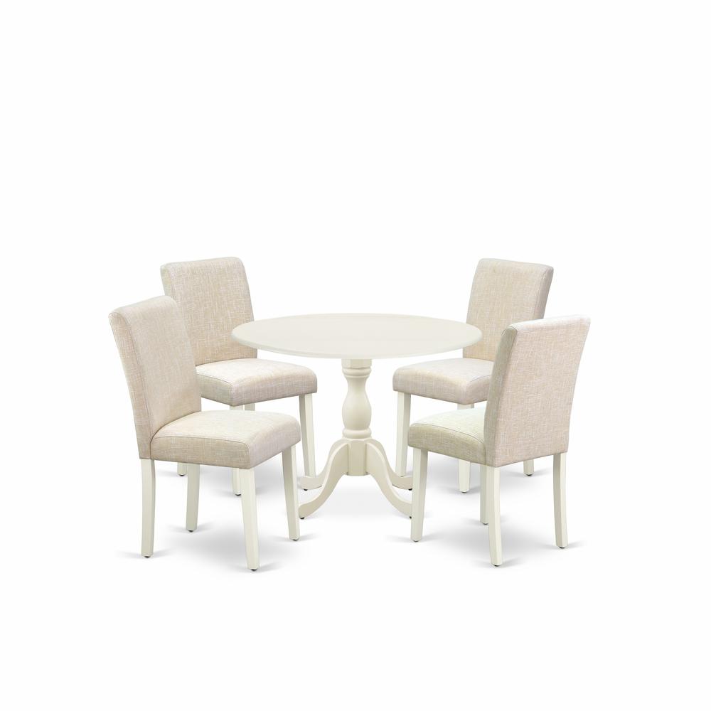 East West Furniture DMAB5-LWH-02 5 Piece Modern Dining Table Set Contains 1 Drop Leaves Dining Table and 4 Light Beige Linen Fabric Dining Room Chairs with High Back - Linen White Finish. Picture 1