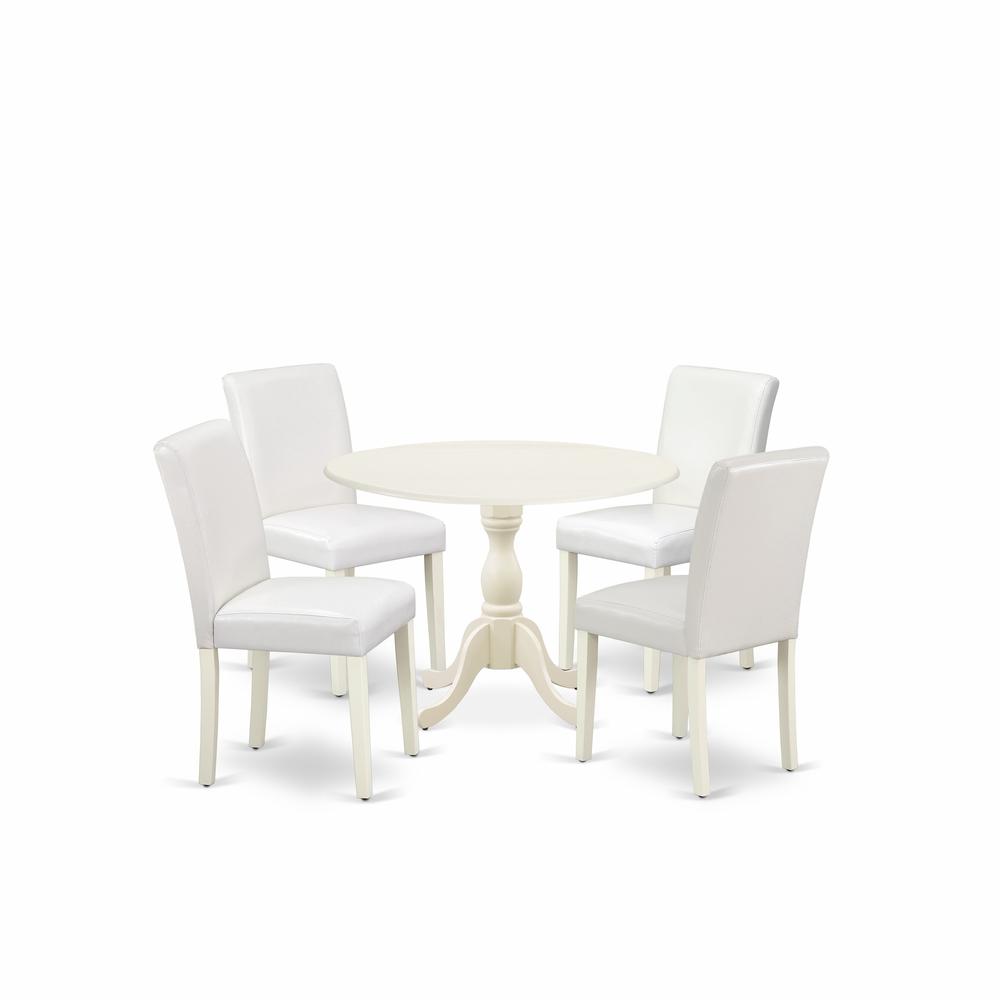 East West Furniture DMAB5-LWH-64 5 Piece Dinning Room Table Set Contains 1 Drop Leaves Wooden Table and 4 White PU Leather Upholstered Chair with High Back - Linen White Finish. Picture 1