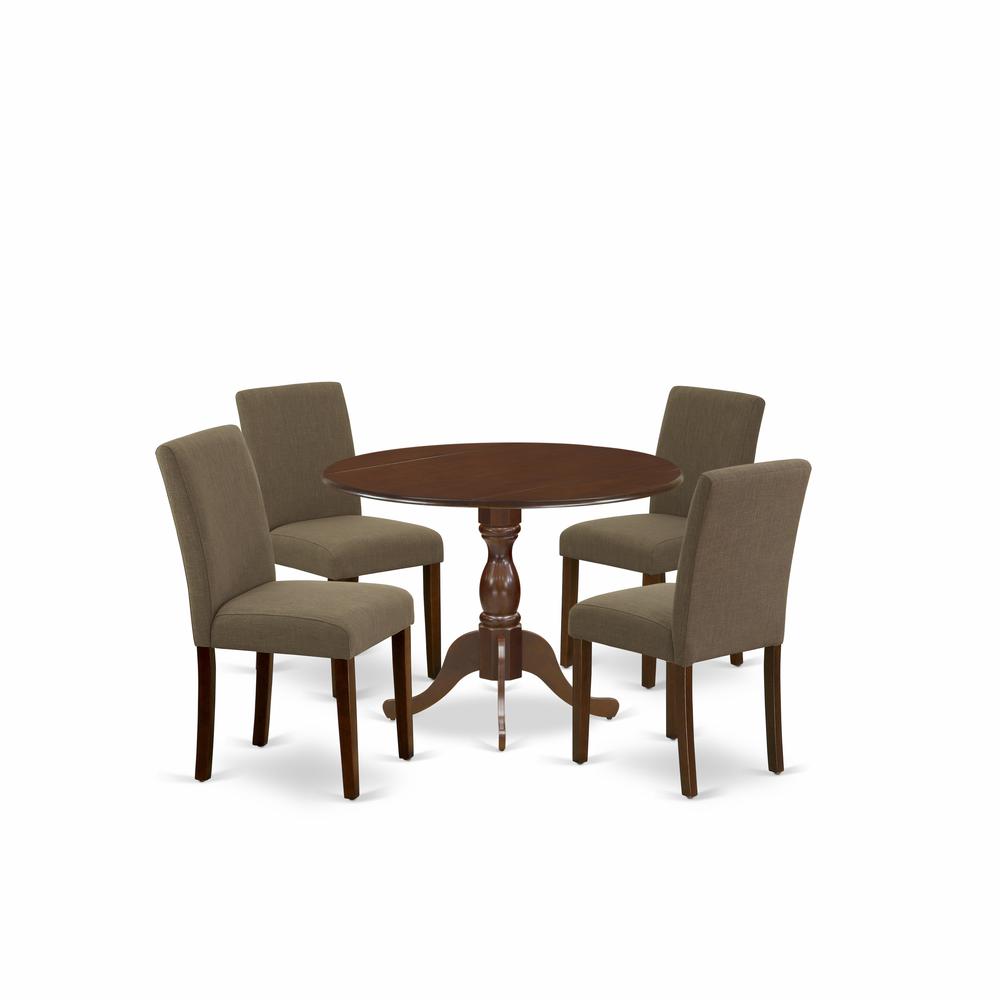 East West Furniture DMAB5-MAH-18 5 Piece Wood Dining Table Set Consists of 1 Drop Leaves Kitchen Table and 4 Coffee Linen Fabric Kitchen Chairs with High Back - Mahogany Finish. Picture 1