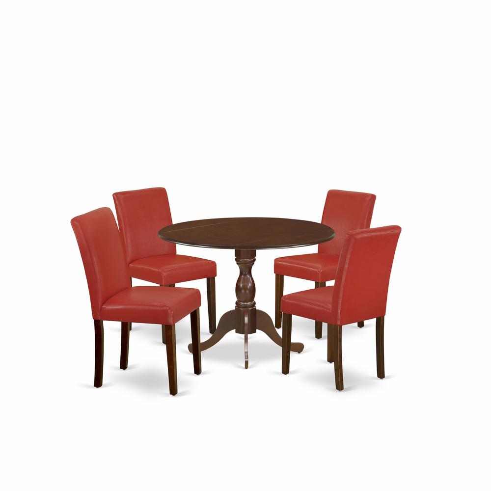 East West Furniture DMAB5-MAH-72 5 Piece Dining Table Set Contains 1 Drop Leaves Dining Table and 4 Firebrick Red PU Leather Upholstered Chairs with High Back - Mahogany Finish. Picture 1