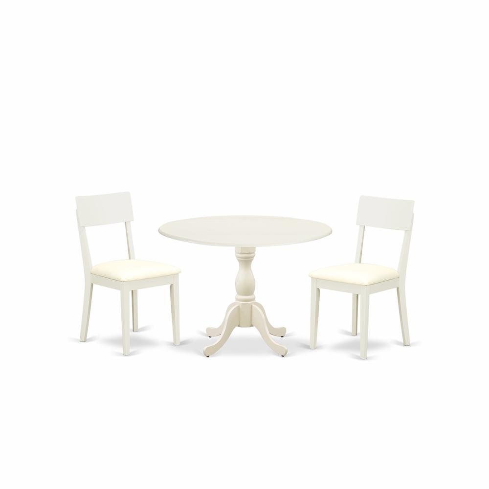 East West Furniture DMAD3-LWH-C 3 Piece Dinette Set Consists of 1 Drop Leaves Modern Dining Room Table and 2 Linen White Faux Leather Dining Room Chairs with Ladder Back - Linen White Finish. Picture 1