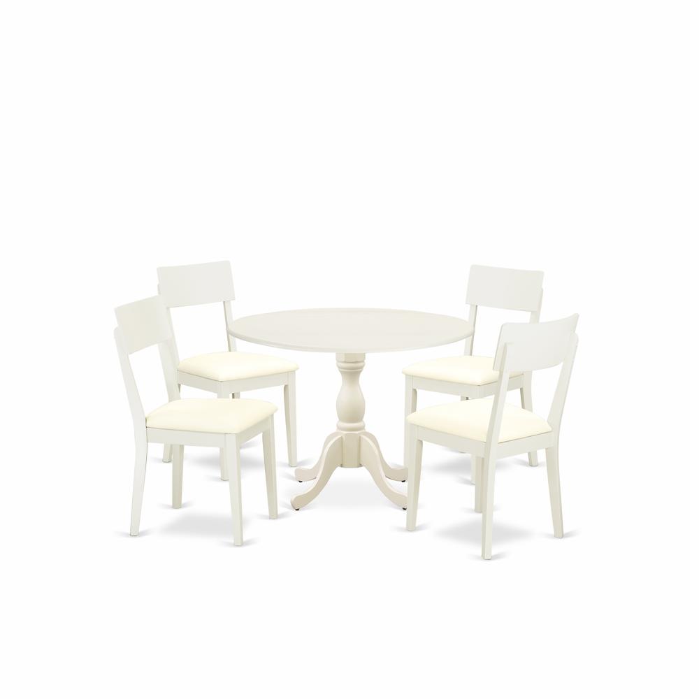 East West Furniture DMAD5-LWH-C 5 Piece Dining Room Set Consists of 1 Drop Leaves Dining Table and 4 Linen White Faux Leather Dining Chair with Ladder Back - Linen White Finish. Picture 1