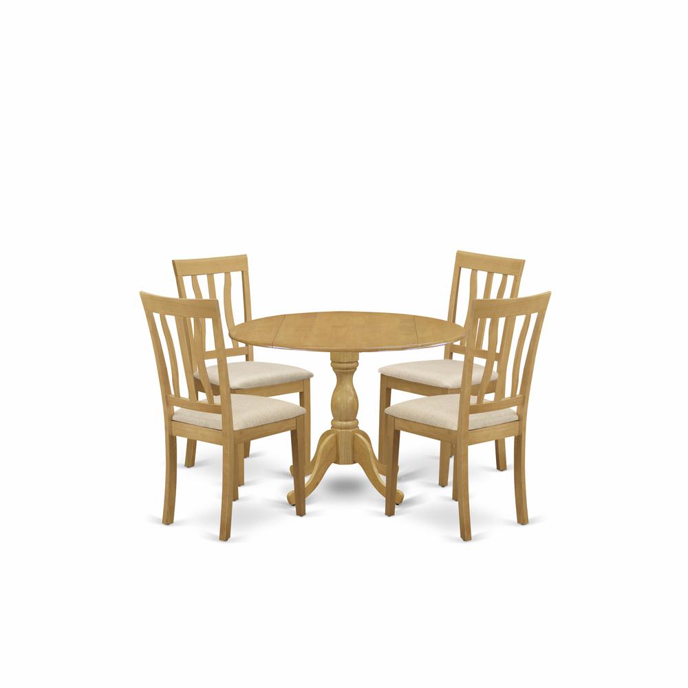 East West Furniture DMAN5-OAK-C 5 Piece Dining Table Set - Oak Dining Room Table and 4 Oak Linen Fabric Dining Room Chairs with Slatted Back - Oak Finish. Picture 1