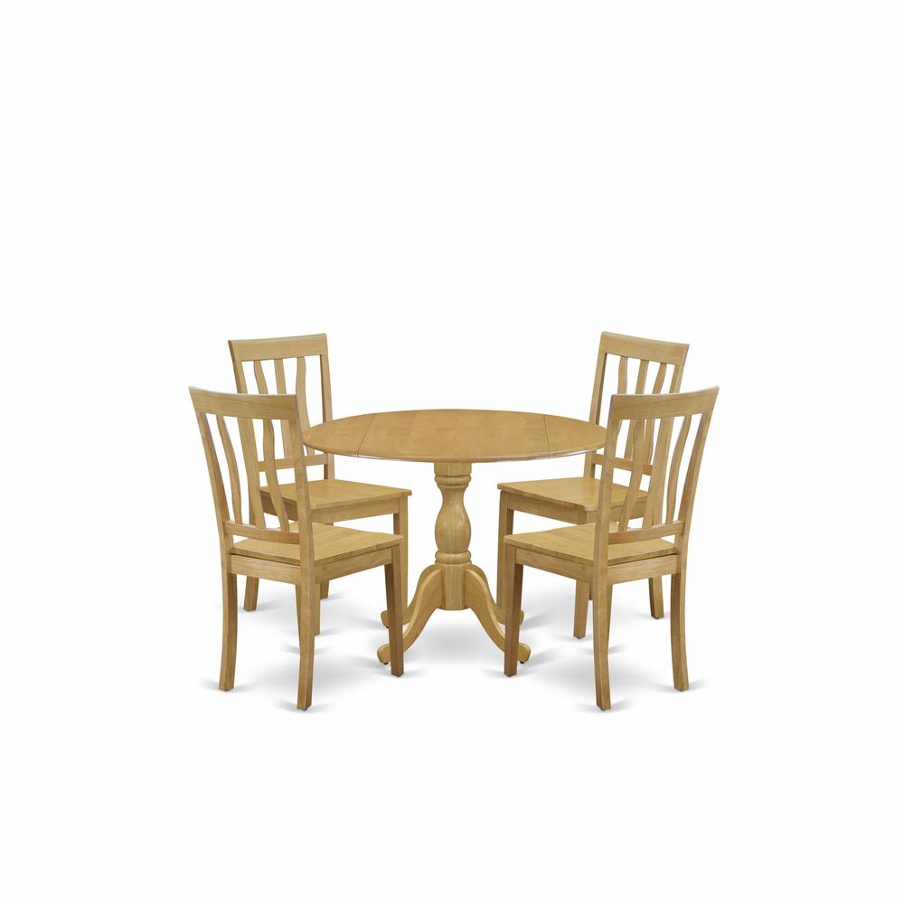East West Furniture DMAN5-OAK-W 5 Pc Dining Room Table Set - Oak Dropleaf Dining Room Table and 4 Oak Wooden Dining Chairs with Slatted Back - Oak Finish. Picture 1