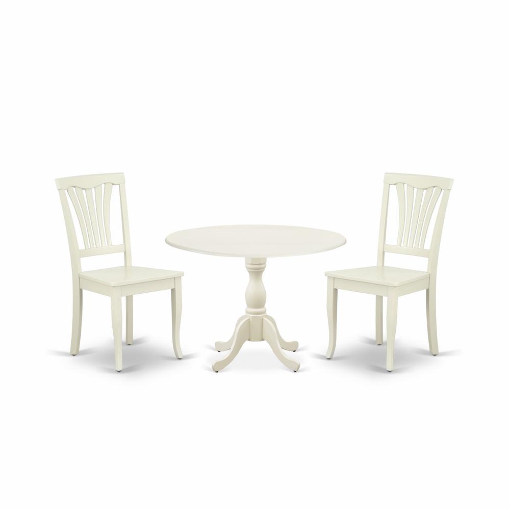 East West Furniture DMAV3-LWH-W 3 Piece Modern Dining Table Set Contains 1 Drop Leaves Dining Table and 2 Linen White Dining Chairs with Slatted Back - Linen White Finish. Picture 1