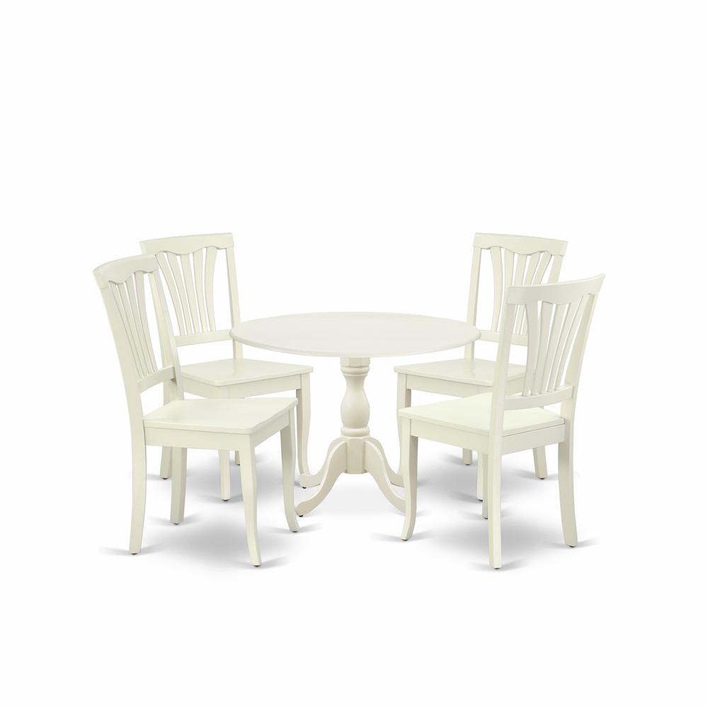 East West Furniture DMAV5-LWH-W 5 Piece Dining Room Set Contains 1 Drop Leaves Dining Room Table and 4 Linen White Kitchen Chairs with Slatted Back - Linen White Finish. Picture 1
