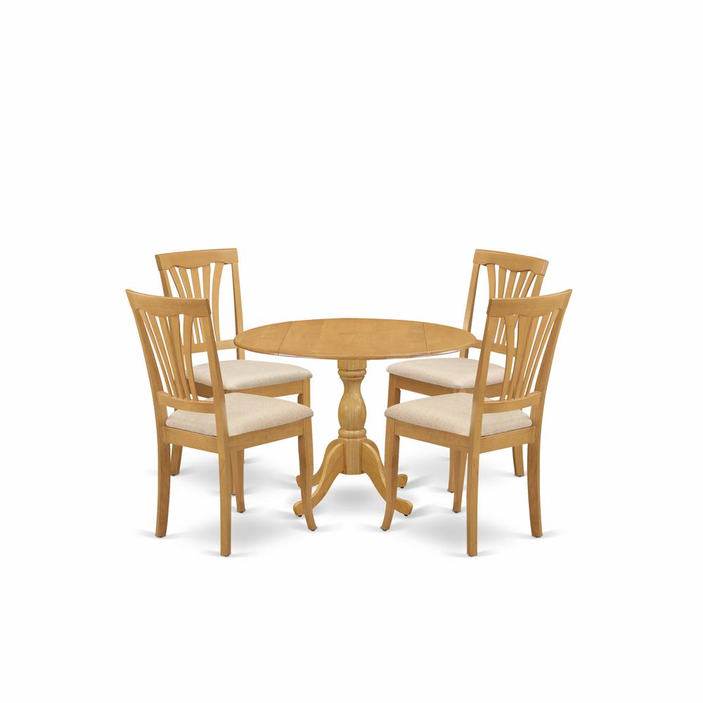 East West Furniture DMAV5-OAK-C 5 Piece Dining Room Set - Oak Dining Room Table and 4 Oak Linen Fabric Kitchen & Dining Room Chairs with Slatted Back- Oak Finish. Picture 1