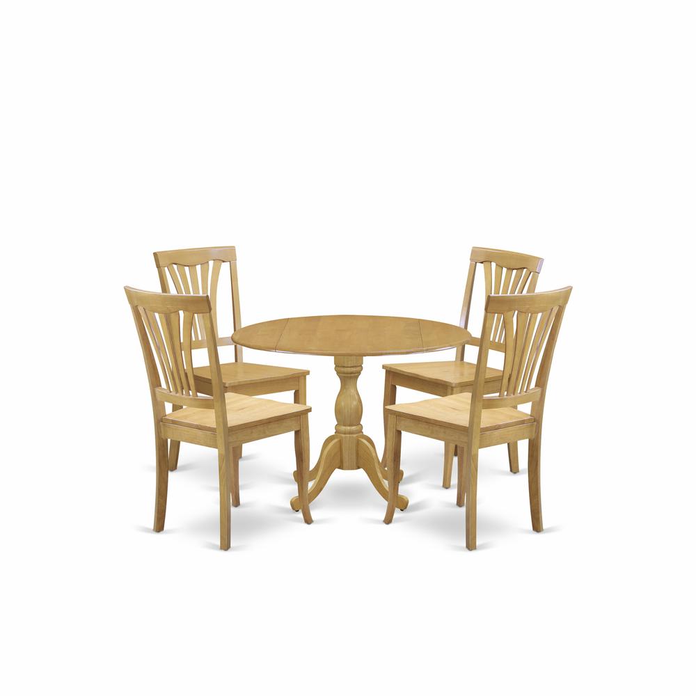 East West Furniture DMAV5-OAK-W 5 Piece Dining Room Table Set - Dropleaf Dining Room Table and 4 Oak Wooden Dining Chairs with Slatted Back - Oak Finish. Picture 1