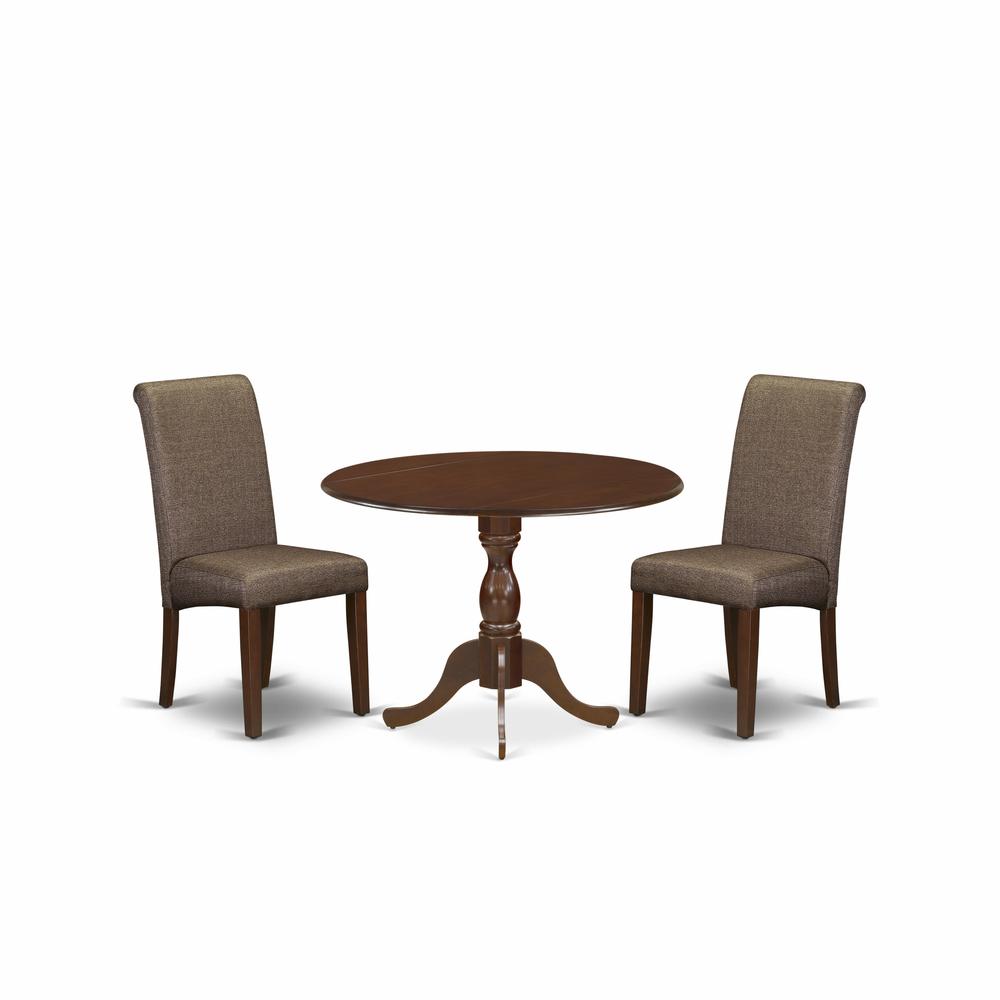 East West Furniture DMBA3-MAH-18 3 Piece Dinette Sets Contains 1 Drop Leaves Dining Table and 2 Brown Linen Fabric Upholstered Dining Room Chairs with High Back - Mahogany Finish. Picture 1