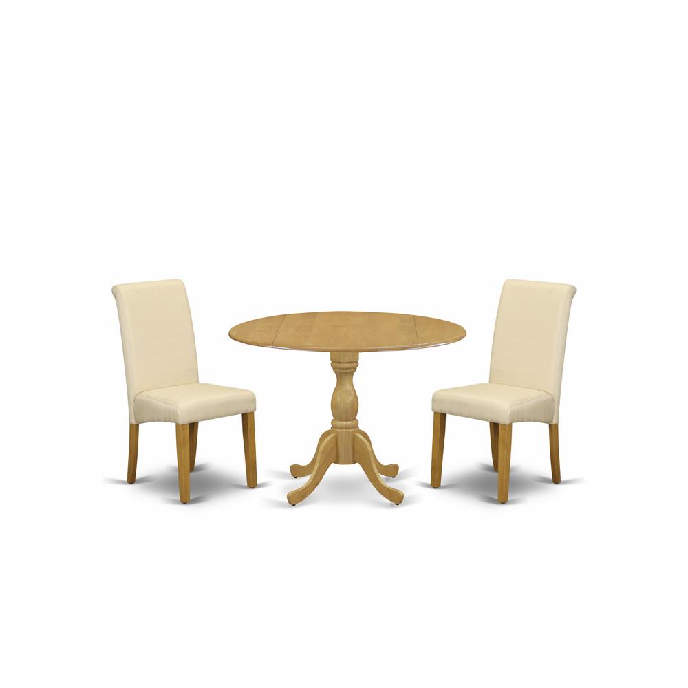 East West Furniture DMBA3-OAK-02 3 Piece Dining Table Set - Oak Modern Dining Table and 2 Light Beige Linen Fabric Dining Room Chairs with High Back - Oak Finish. Picture 1
