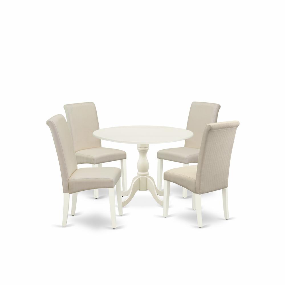East West Furniture DMBA5-LWH-01 5 Piece Dining Room Set Consists of 1 Drop Leaves Dining Table and 4 Cream Linen Fabric Dining Chair with High Back - Linen White Finish. Picture 1