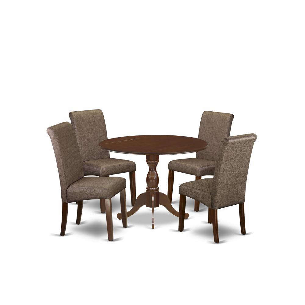 East West Furniture DMBA5-MAH-18 5 Piece Dining Set Contains 1 Drop Leaves Kitchen Table and 4 Brown Linen Fabric Kitchen Chair with High Back - Mahogany Finish. Picture 1