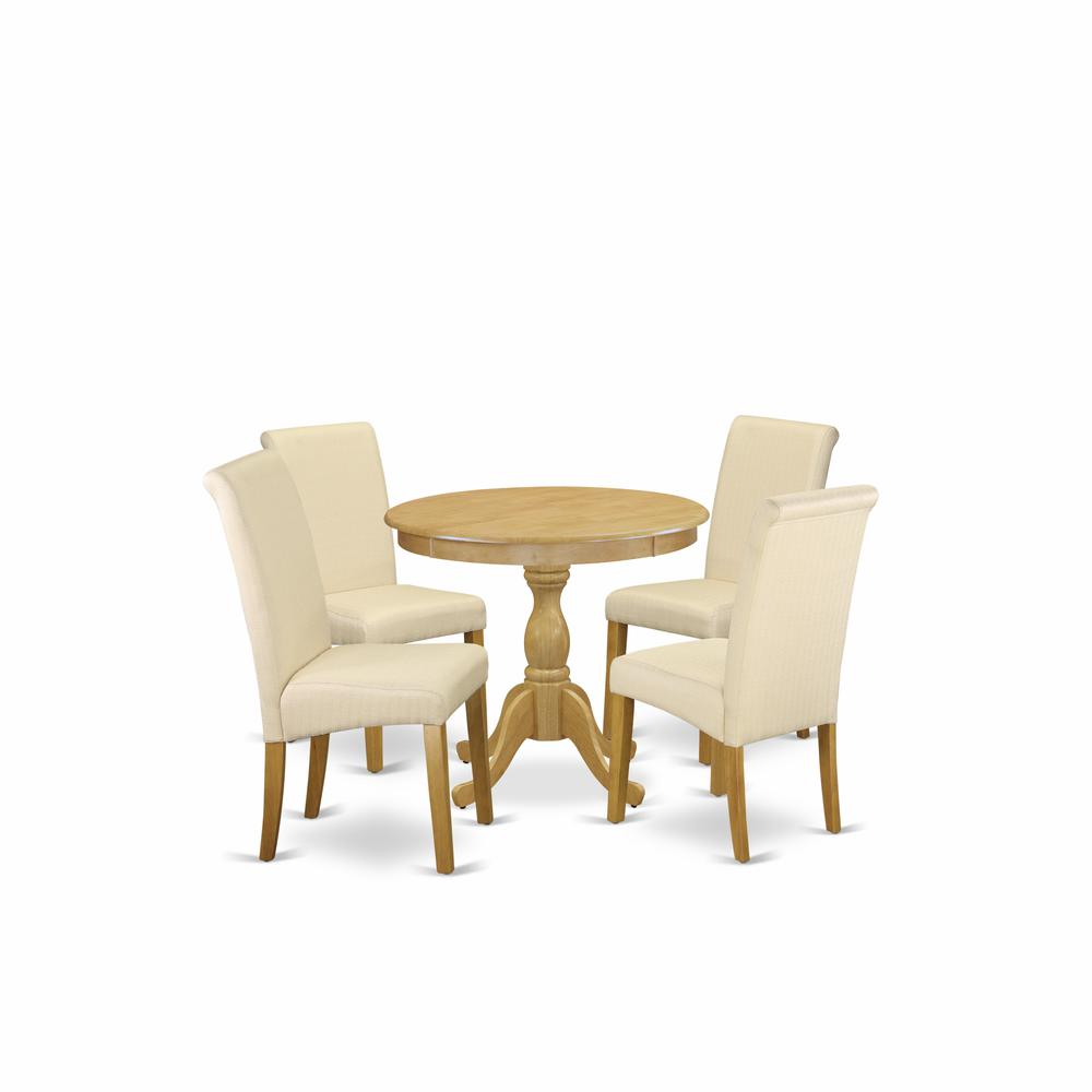 East West Furniture DMBA5-OAK-02 5 Piece Kitchen Table Set - Oak Round Dining Table and 4 Light Beige Linen Fabric Upholstered Dining Chairs with High Back - Oak Finish. Picture 1