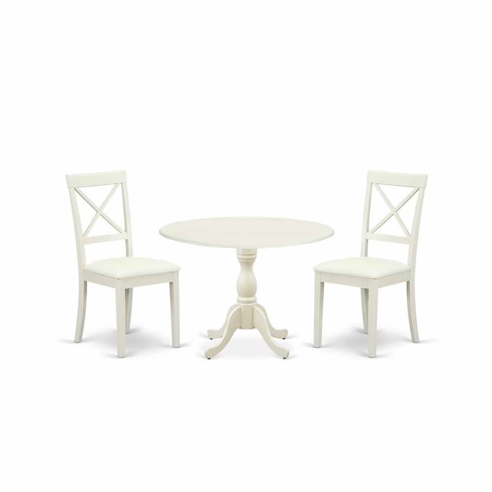 East West Furniture DMBO3-LWH-C 3 Piece Dinning Room Table Set Consists of 1 Drop Leaves Modern Dining Table and 2 Linen White Faux Leather Kitchen Chairs with X-Back - Linen White Finish. Picture 1