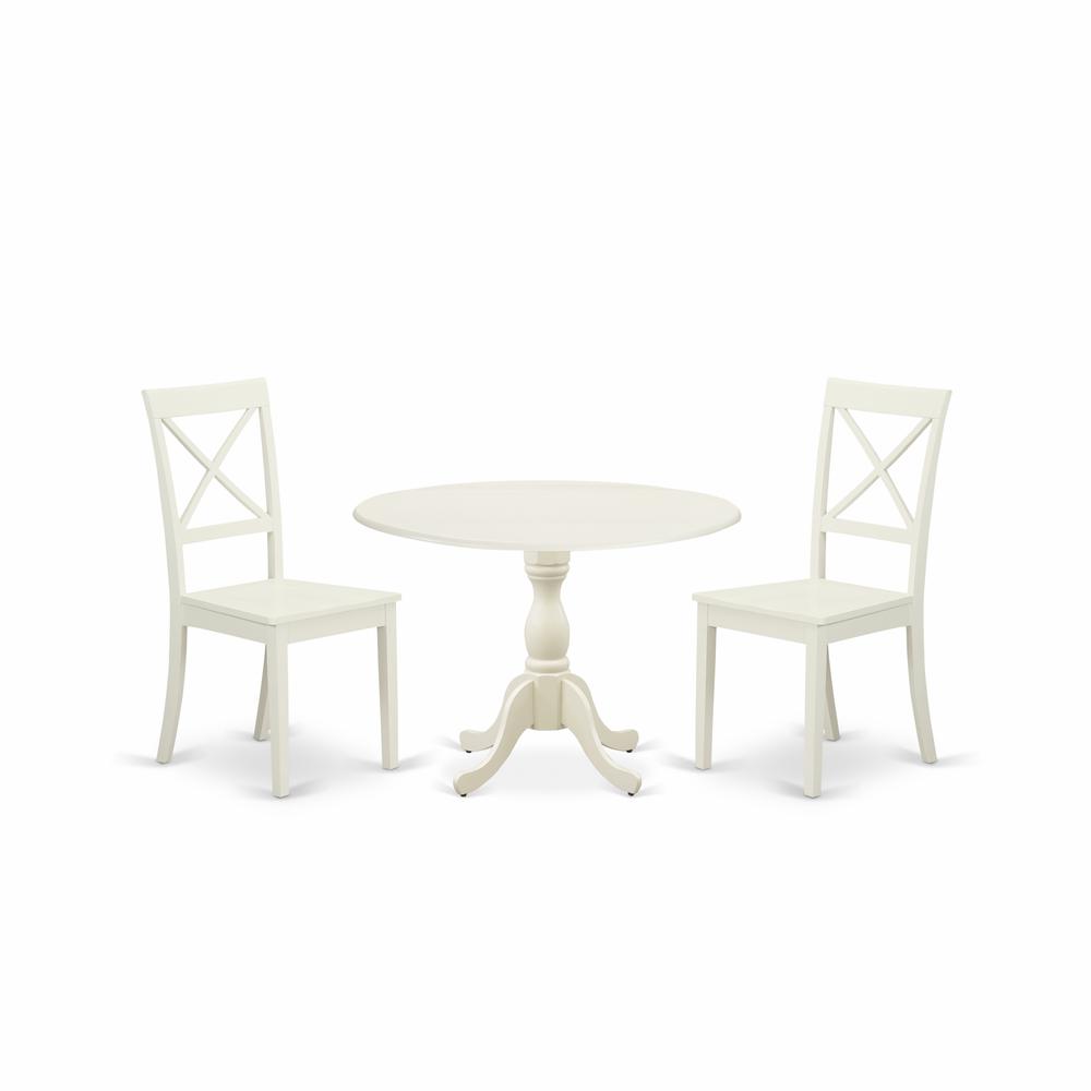 East West Furniture DMBO3-LWH-W 3 Piece Dinning Room Table Set Consists of 1 Drop Leaves Dining Room Table and 2 Linen White Wood Chair with X-Back - Linen White Finish. Picture 1