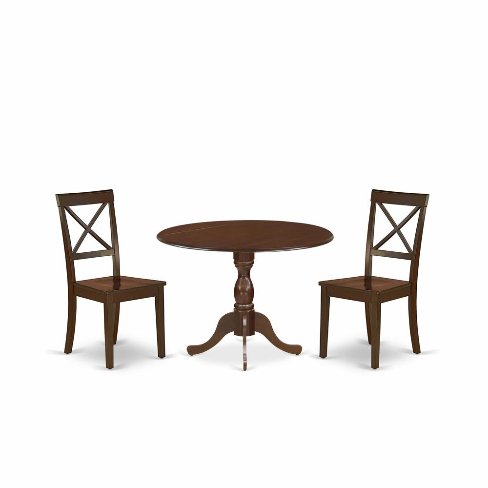 East West Furniture DMBO3-MAH-W 3 Piece Wooden Dining Table Set Contains 1 Drop Leaves Dining Table and 2 Mahogany Wooden Chair with X-Back - Mahogany Finish. Picture 1
