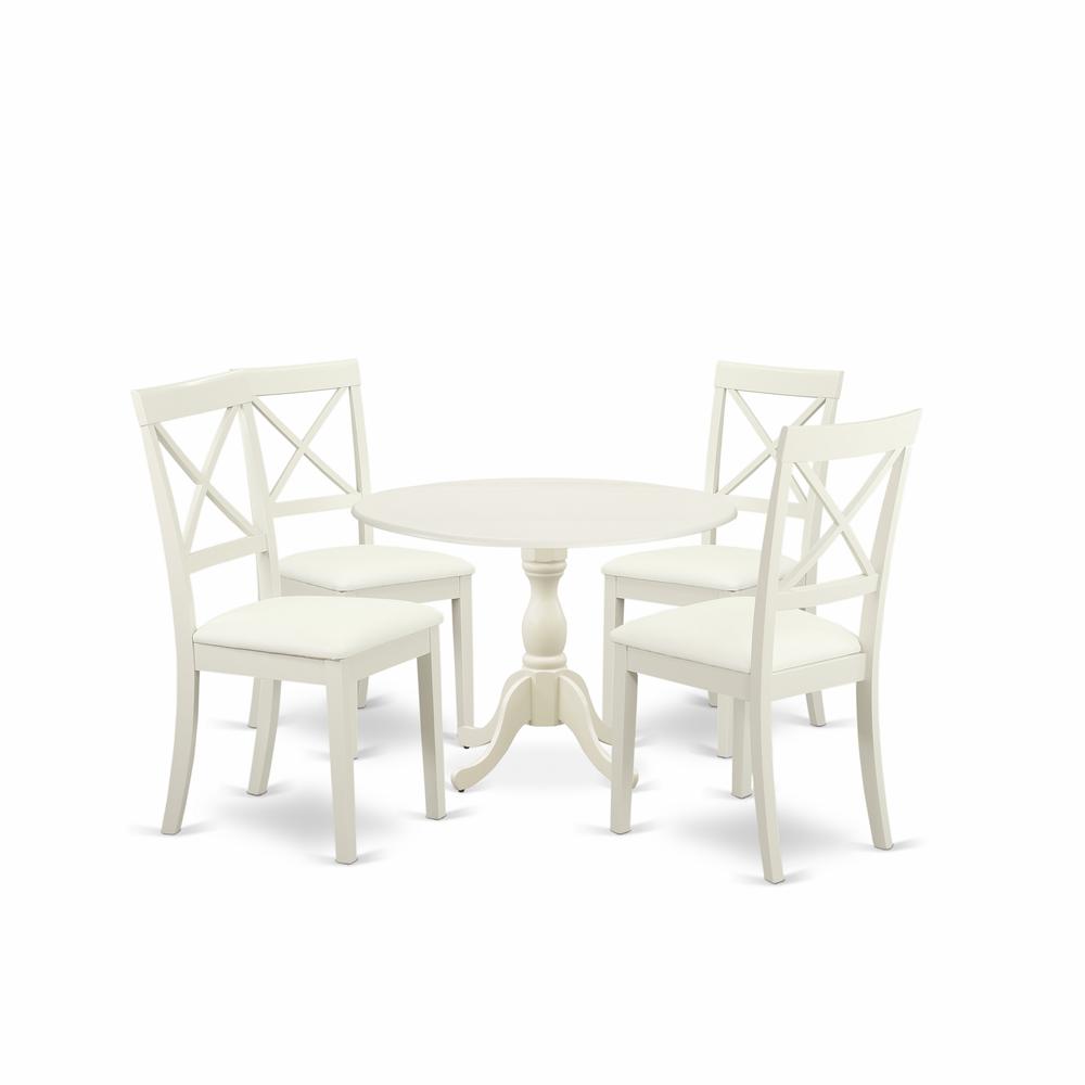 East West Furniture DMBO5-LWH-C 5 Piece Dining Room Set Includes 1 Drop Leaves Dining Room Table and 4 Linen White Faux Leather Mid Century Dining Chairs with X-Back - Linen White Finish. Picture 1