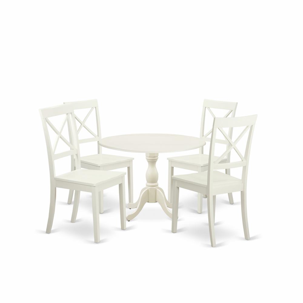 East West Furniture DMBO5-LWH-W 5 Piece Wood Dining Table Set Consists of 1 Drop Leaves Dining Table and 4 Linen White Wooden Kitchen Chairs with X-Back - Linen White Finish. Picture 1