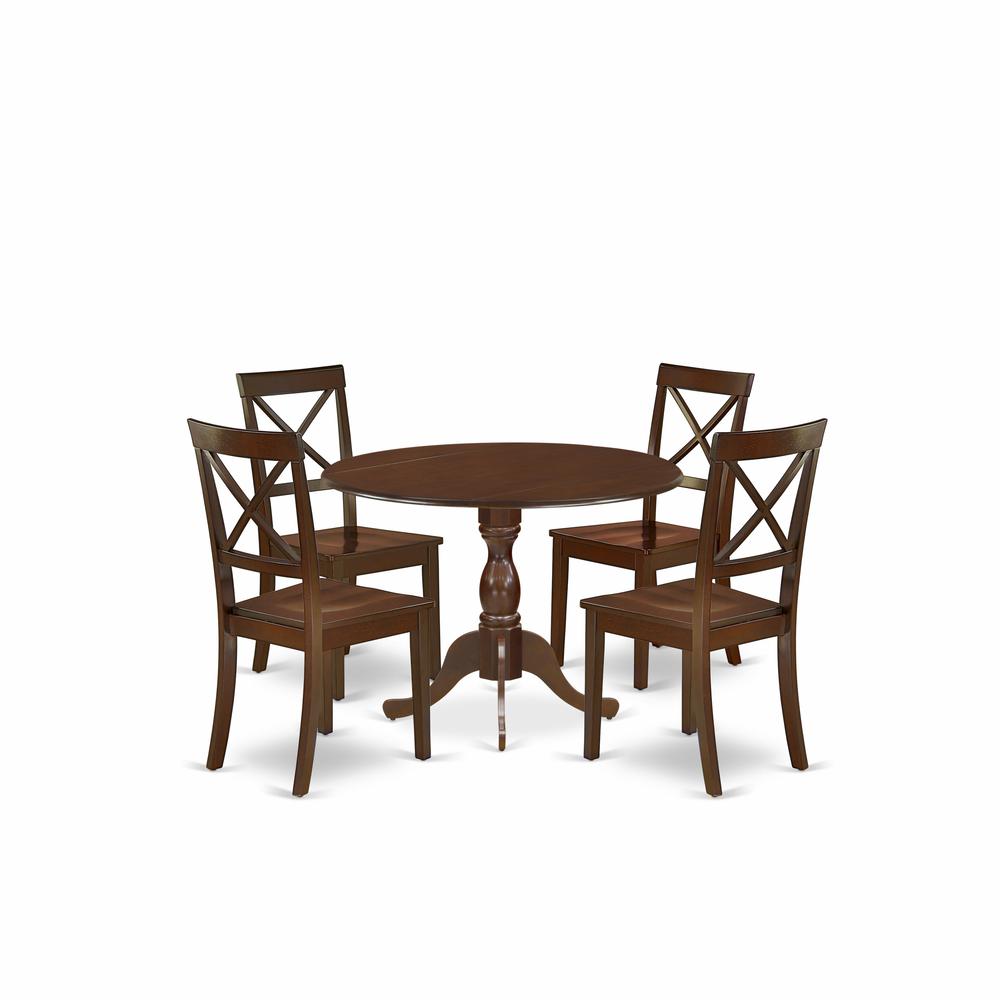 East West Furniture DMBO5-MAH-W 5 Piece Dining Table Set Contains 1 Drop Leaves Dining Table and 4 Mahogany Mid Century Modern Dining Chairs with X-Back - Mahogany Finish. Picture 1
