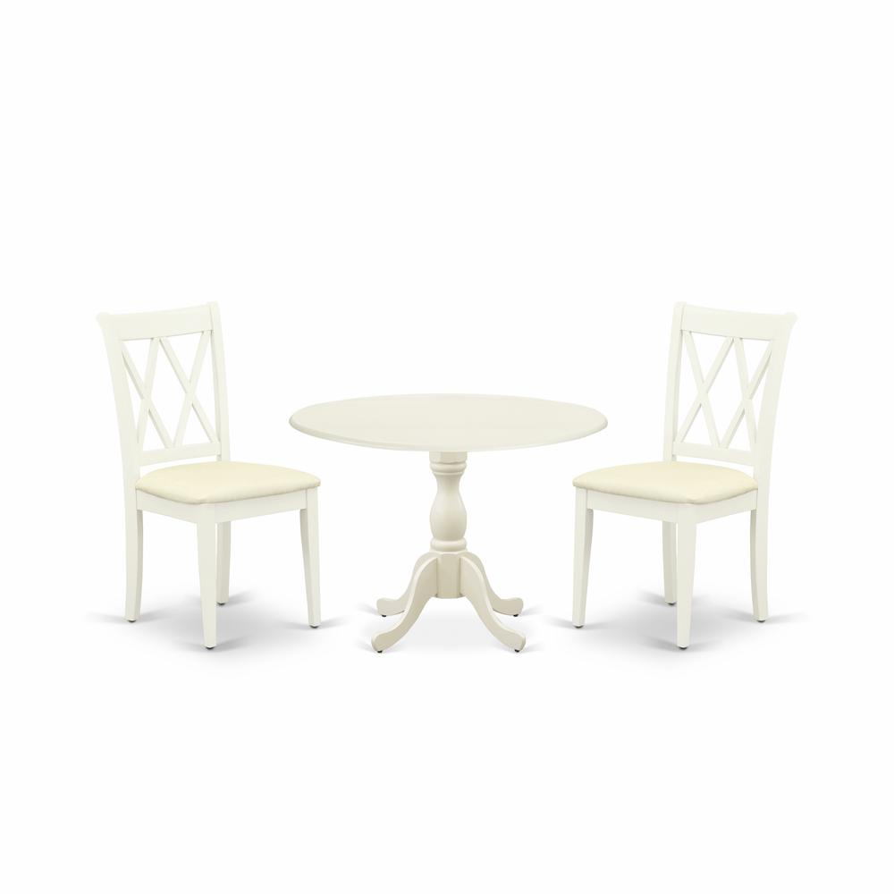 East West Furniture DMCL3-LWH-C 3 Piece Dining Room Table Set Includes 1 Drop Leaves Wood Dining Table and 2 Linen White Dinning Room Chairs with Double X-Back - Linen White Finish. Picture 1