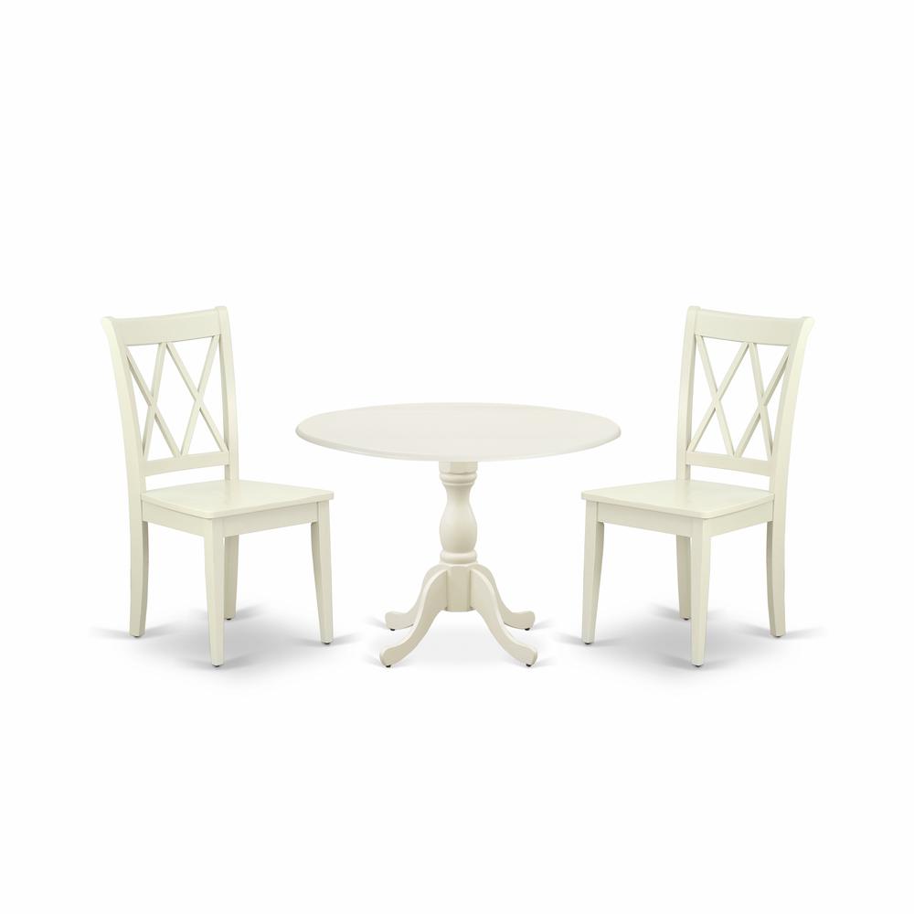 East West Furniture DMCL3-LWH-W 3 Piece Dining Set Contains 1 Drop Leaves Dining Room Table and 2 Linen White Dinning Room Chairs with Double X-Back - Linen White Finish. Picture 1