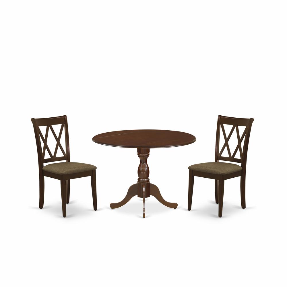 East West Furniture DMCL3-MAH-C 3 Piece Dining Room Set Consists of 1 Drop Leaves Dining Table and 2 Mahogany Linen Fabric Dining Room Chairs with Double X-Back - Mahogany Finish. Picture 1