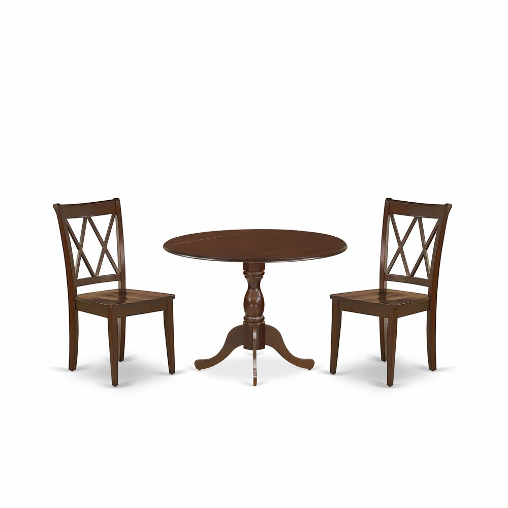 East West Furniture DMCL3-MAH-W 3 Piece Wood Dining Table Set Contains 1 Drop Leaves Dining Room Table and 2 Mahogany Dining Chairs with Double X-Back - Mahogany Finish. Picture 1