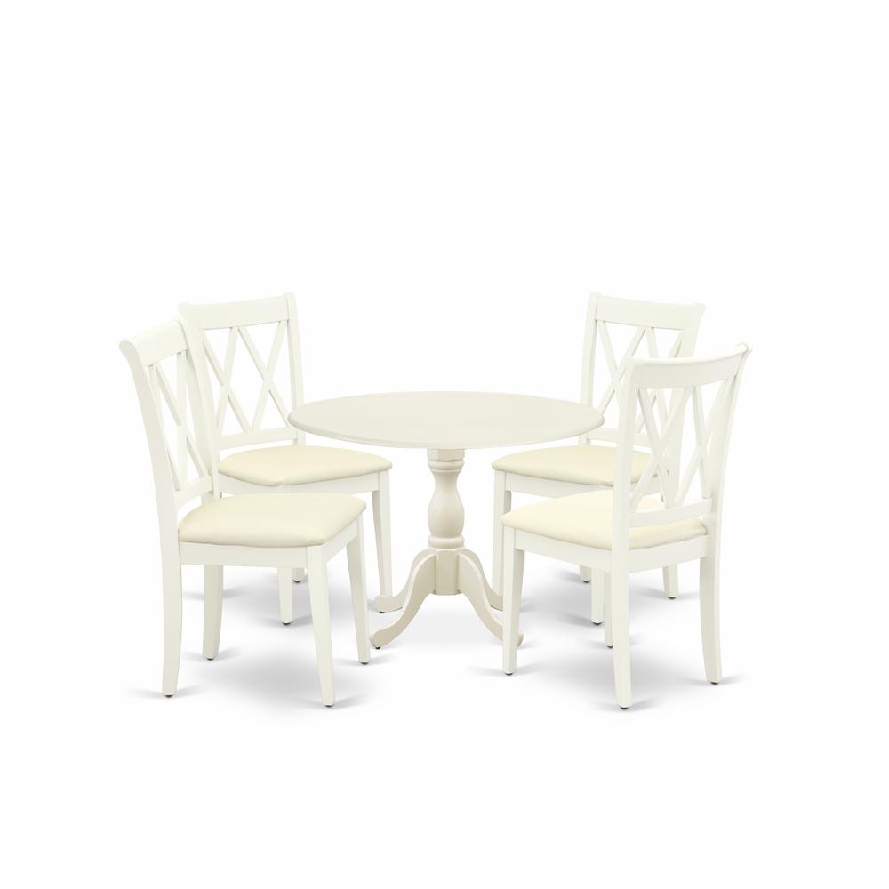East West Furniture DMCL5-LWH-C 5 Piece Dinning Room Table Set Includes 1 Drop Leaves Dining Room Table and 4 Linen White Dining Chairs with Double X-Back - Linen White Finish. Picture 1