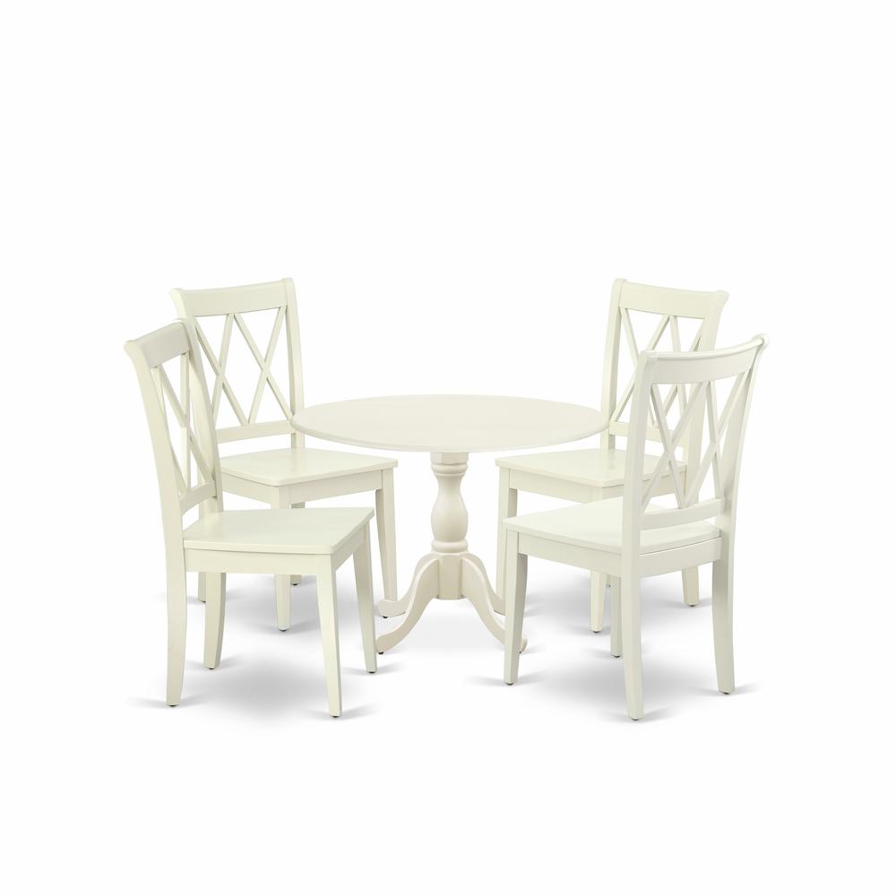 East West Furniture DMCL5-LWH-W 5 Piece Dinette Sets Contains 1 Drop Leaves Modern Dining Table and 4 Linen White Dining Room Chairs with Double X-Back - Linen White Finish. Picture 1