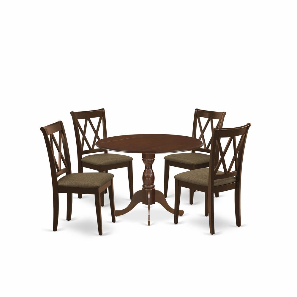 East West Furniture DMCL5-MAH-C 5 Piece Dinette Set Includes 1 Drop Leaves Dining Table and 4 Mahogany Linen Fabric Kitchen Chairs with Double X-Back - Mahogany Finish. Picture 1