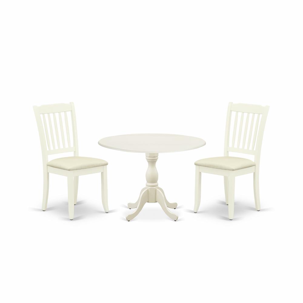 East West Furniture DMDA3-LWH-C 3 Piece Dining Room Table Set Includes 1 Drop Leaves Dining Room Table and 2 Linen White Wooden Dining Chairs with Slatted Back - Linen White Finish. The main picture.
