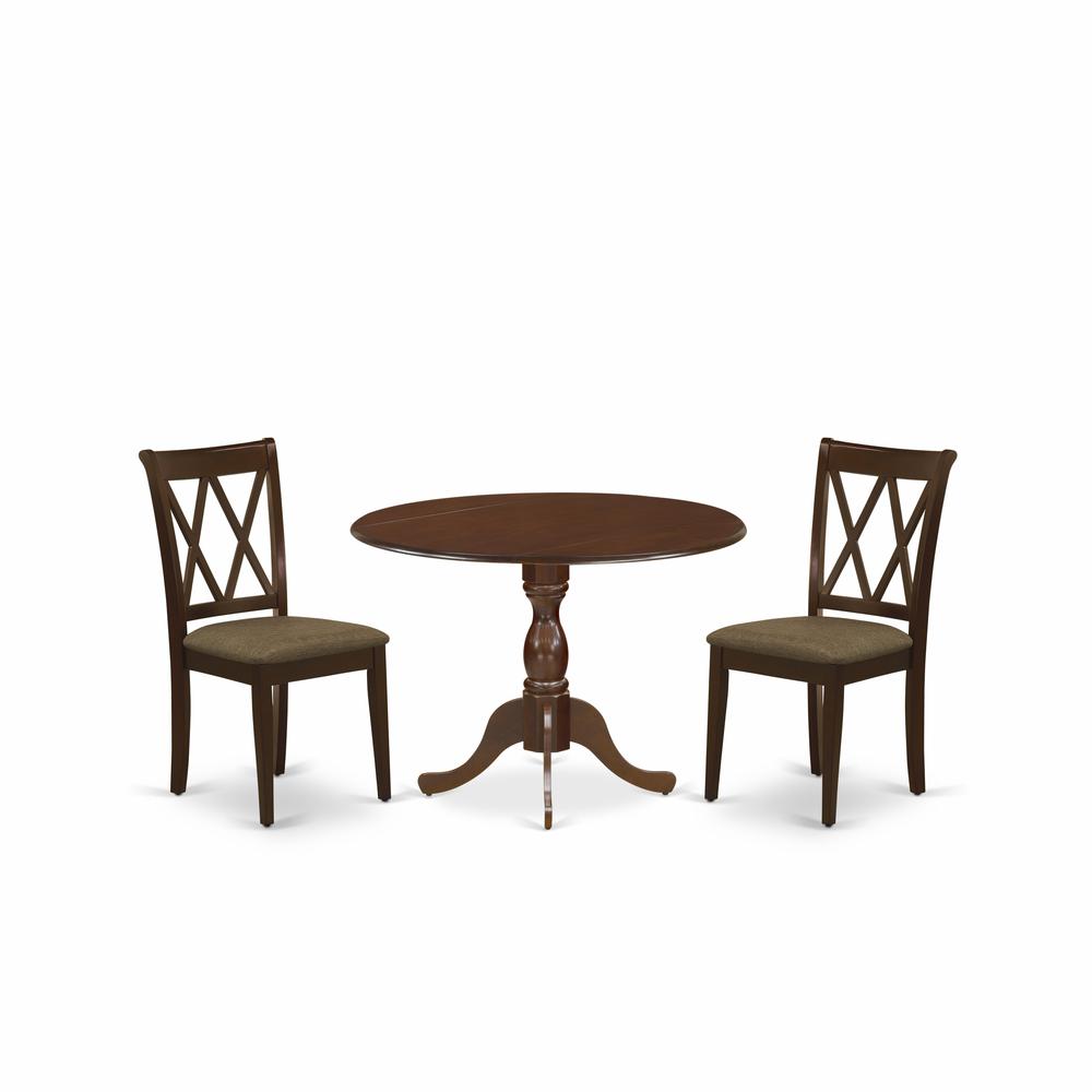 East West Furniture DMDA3-MAH-C 3 Piece Dining Table Set Includes 1 Drop Leaves Dining Room Table and 2 Mahogany Linen Fabric Dining Room Chairs with Slatted Back - Mahogany Finish. Picture 1