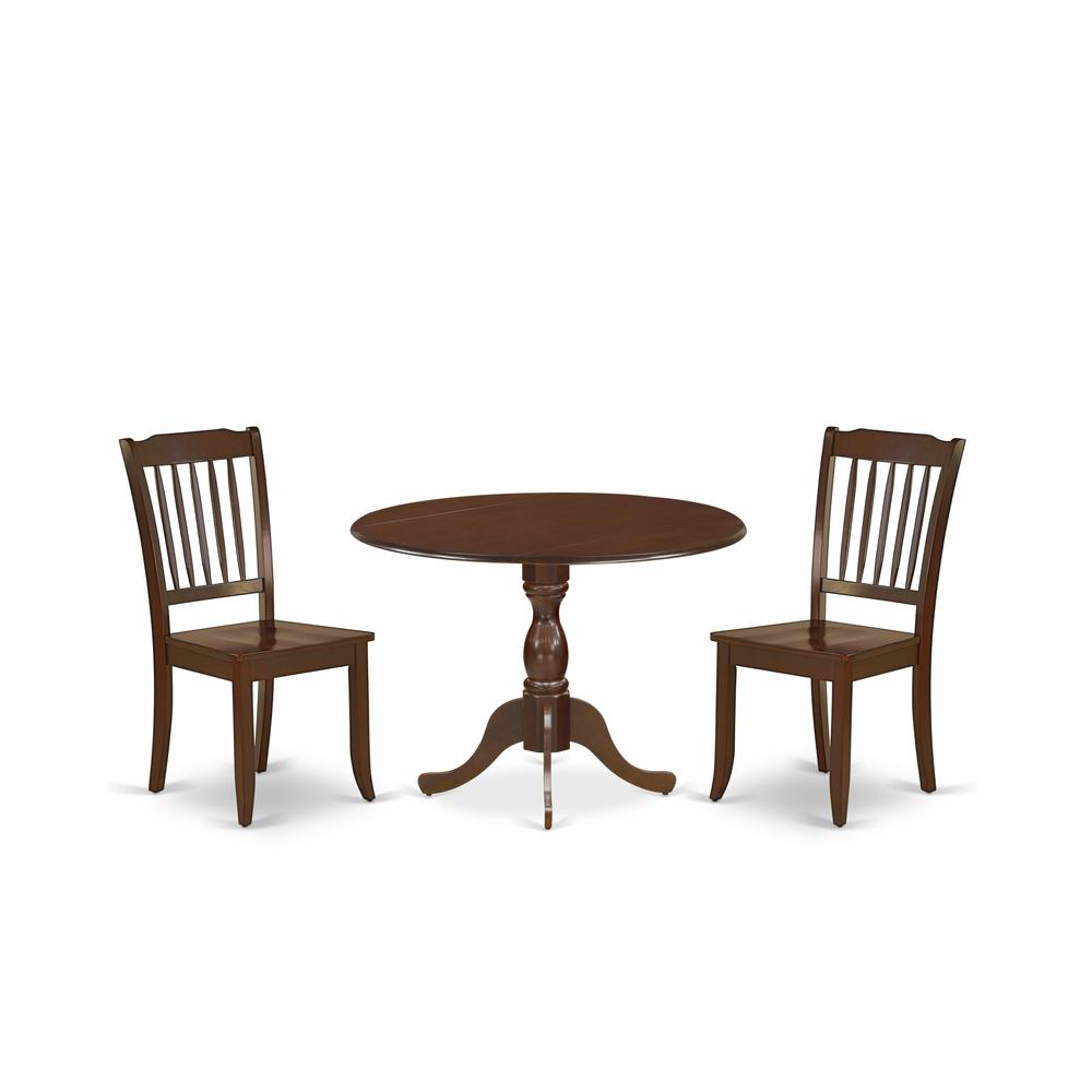 East West Furniture DMDA3-MAH-W 3 Piece Dining Table Set Consists of 1 Drop Leaves Dining Table and 2 Mahogany Mid Century Dining Chairs with Slatted Back - Mahogany Finish. Picture 1