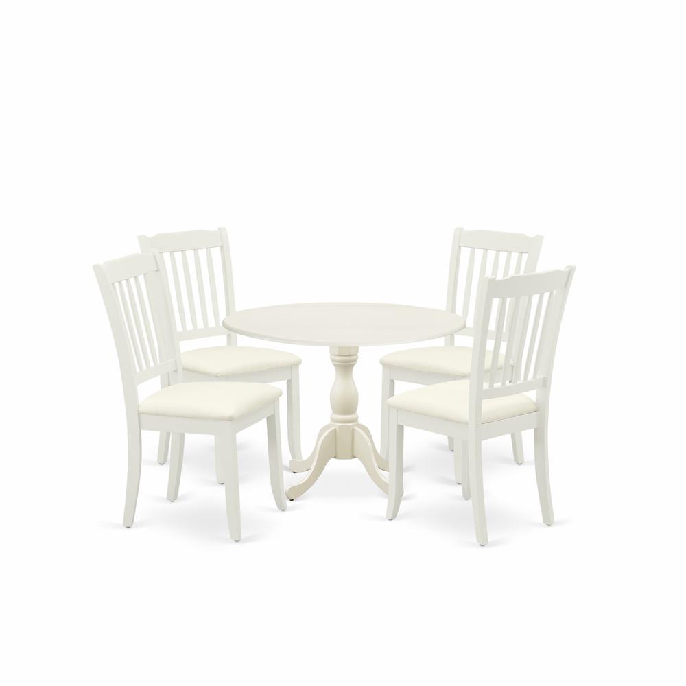 East West Furniture DMDA5-LWH-C 5 Piece Dining Room Set Consists of 1 Drop Leaves Dining Room Table and 4 Linen White Kitchen Chairs with Slatted Back - Linen White Finish. Picture 1