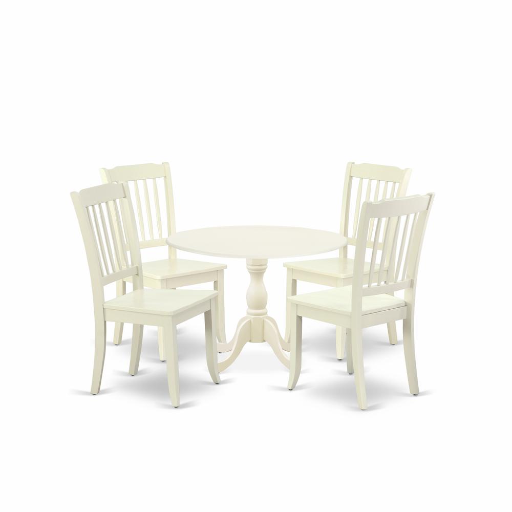 East West Furniture DMDA5-LWH-W 5 Piece Dining Room Table Set Consists of 1 Drop Leaves Dining Room Table and 4 Linen White Dinning Chairs with Slatted Back - Linen White Finish. Picture 1