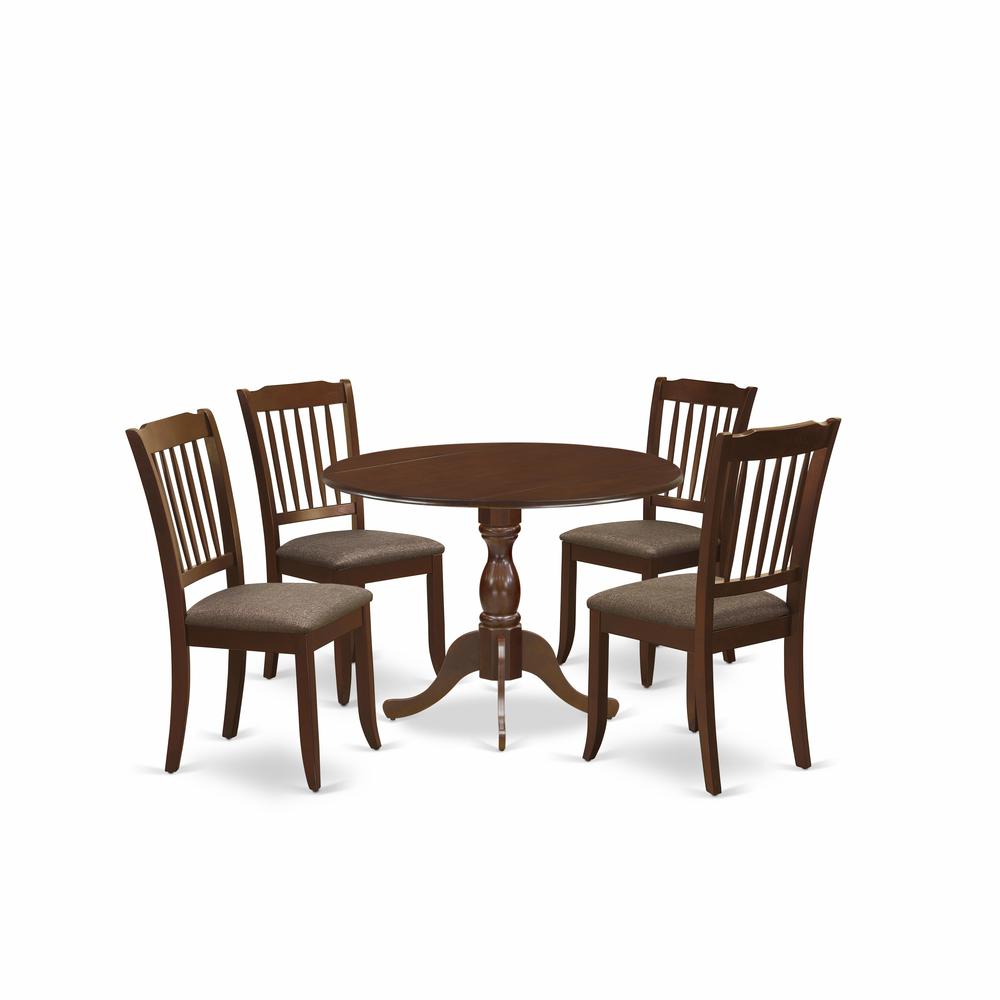 East West Furniture DMDA5-MAH-C 5 Piece Wood Dining Table Set Consists of 1 Drop Leaves Dining Table and 4 Mahogany Linen Fabric Dinning Room Chairs with Slatted Back - Mahogany Finish. Picture 1