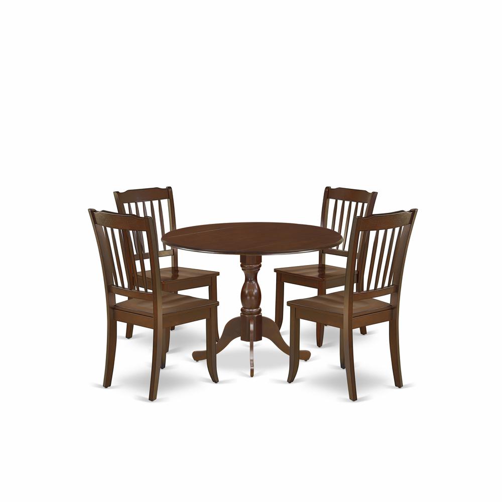 East West Furniture DMDA5-MAH-W 5 Piece Dining Room Set Consists of 1 Drop Leaves Dining Room Table and 4 Mahogany Dining Chair with Slatted Back - Mahogany Finish. Picture 1