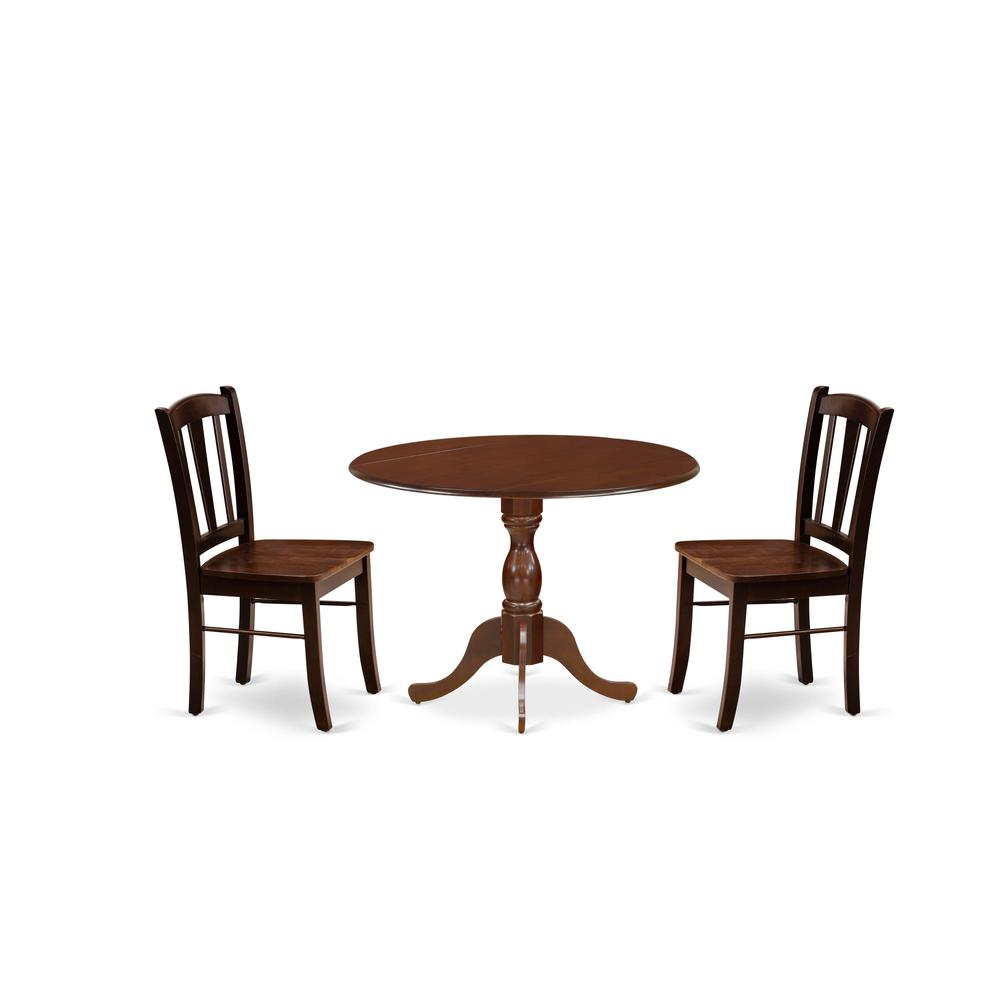 DMDL3-MAH-W - 3-Pc Dinette Set- 2 Mid Century Chair with Wooden Seat and Slatted Chair Back - Dropleafs dining table - Mahogany Finish. Picture 2