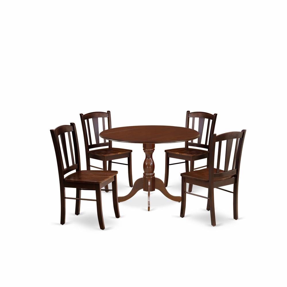 DMDL5-MAH-W - 5-Pc Kitchen Dining Room Set- 4 Dining Chairs with Wooden Seat and Slatted Chair Back - Dropleafs Dining Room Table - Mahogany Finish. Picture 2