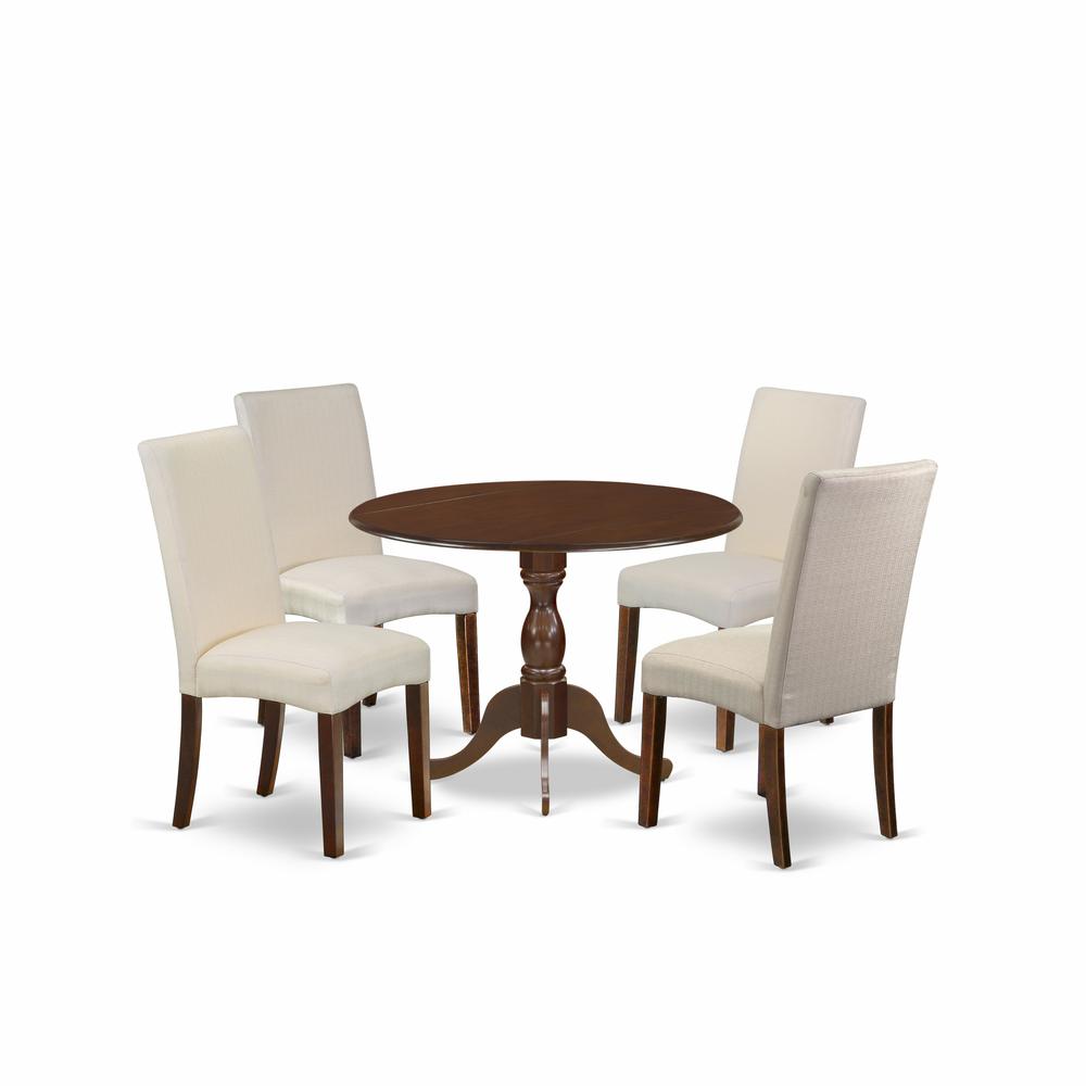 East West Furniture DMDR5-MAH-01 5 Piece Dining Set Consists of 1 Drop Leaves Dining Table and 4 Cream Linen Fabric Dinning Chairs with High Back - Mahogany Finish. The main picture.