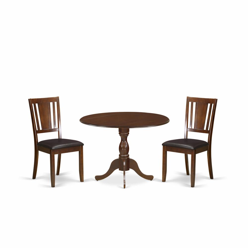 East West Furniture DMDU3-MAH-C 3 Piece Mid Century Dining Set Consists of 1 Drop Leaves Wooden Dining Table and 2 Mahogany Faux Leather Dining Chair with Panel Back - Mahogany Finish. Picture 1