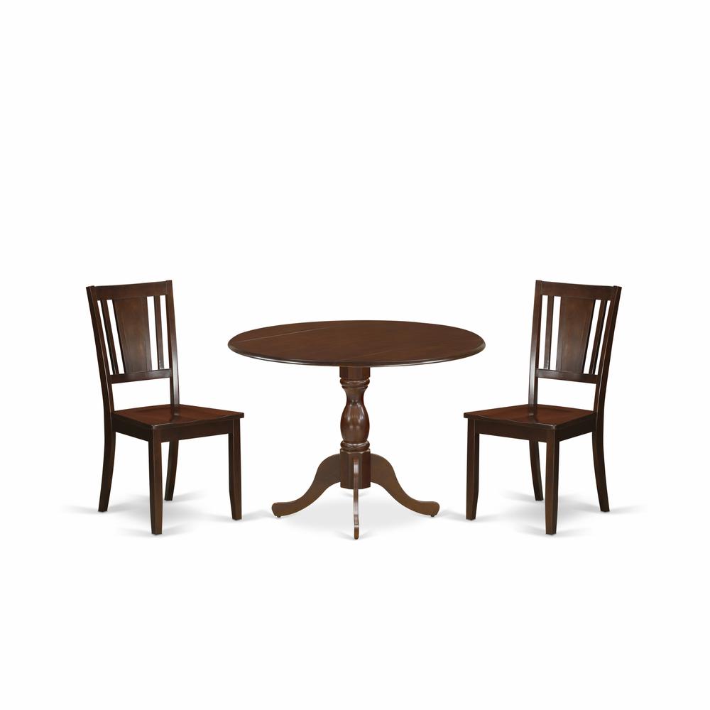 East West Furniture DMDU3-MAH-W 3 Piece Wood Dining Table Set Contains 1 Drop Leaves Wooden Table and 2 Mahogany Wooden Chairs with Panel Back - Mahogany Finish. Picture 1