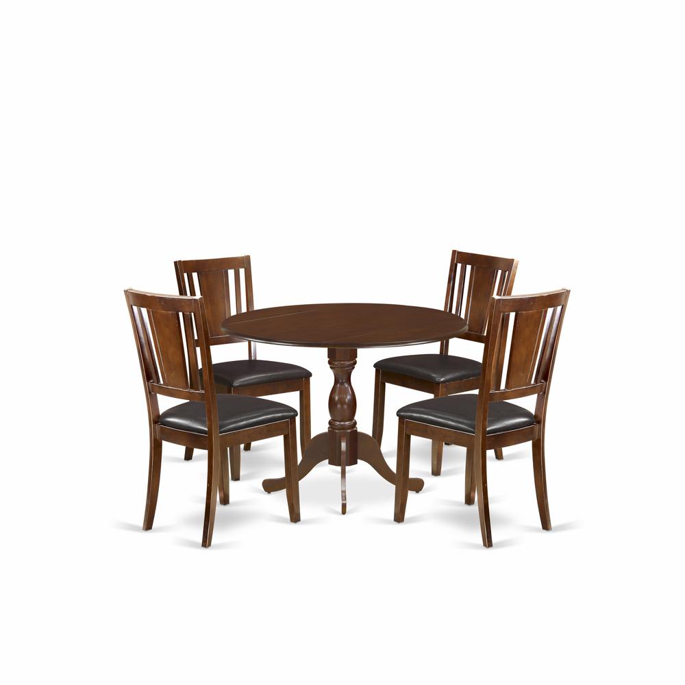 East West Furniture DMDU5-MAH-C 5 Piece Wood Dining Table Set Consists of 1 Drop Leaves Wooden Dining Table and 4 Mahogany Faux Leather Dining Chair with Panel Back - Mahogany Finish. Picture 1