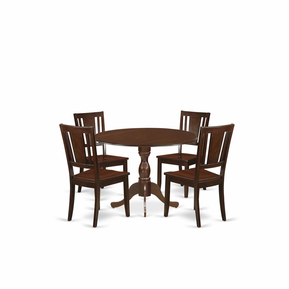 East West Furniture DMDU5-MAH-W 5 Piece Dinette Sets Includes 1 Drop Leaves Wooden Dining Table and 4 Mahogany Mid Century Modern Dining Chairs with Panel Back - Mahogany Finish. Picture 1