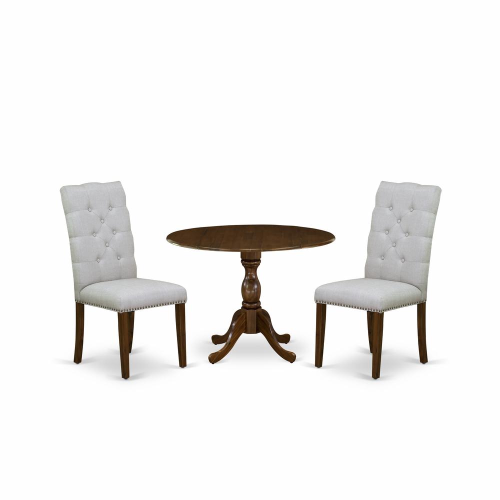 East West Furniture DMEL3-AWA-05 3 Piece Dinette Sets Contains 1 Drop Leaves Modern Kitchen Table and 2 Grey Linen Fabric Parsons Chair Button Tufted Back with Nail Heads - Acacia Walnut Finish. Picture 1