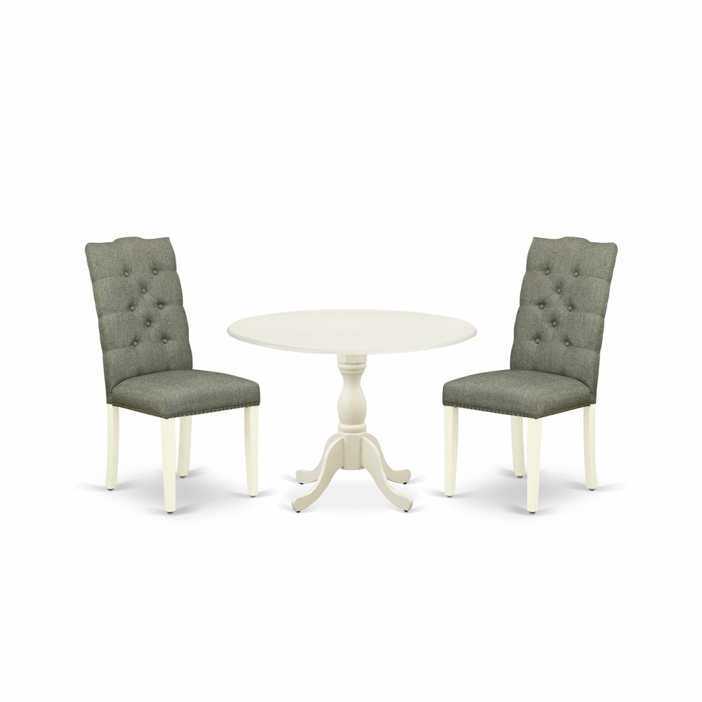 East West Furniture DMEL3-LWH-07 3 Piece Dining Room Set Consists of 1 Drop Leaves Dining Table and 2 Smoke Linen Fabric Parson Dining Chairs Button Tufted Back with Nail Heads - Linen White Finish. Picture 1
