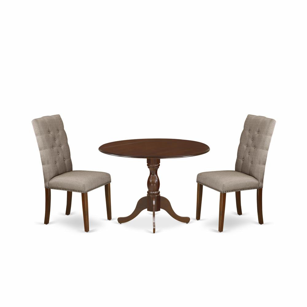 East West Furniture DMEL3-MAH-16 3 Piece Dining Table Set Consists of 1 Drop Leaves Dining Table and 2 Dark Khaki Linen Fabric Parson Chairs Button Tufted Back with Nail Heads - Mahogany Finish. Picture 1