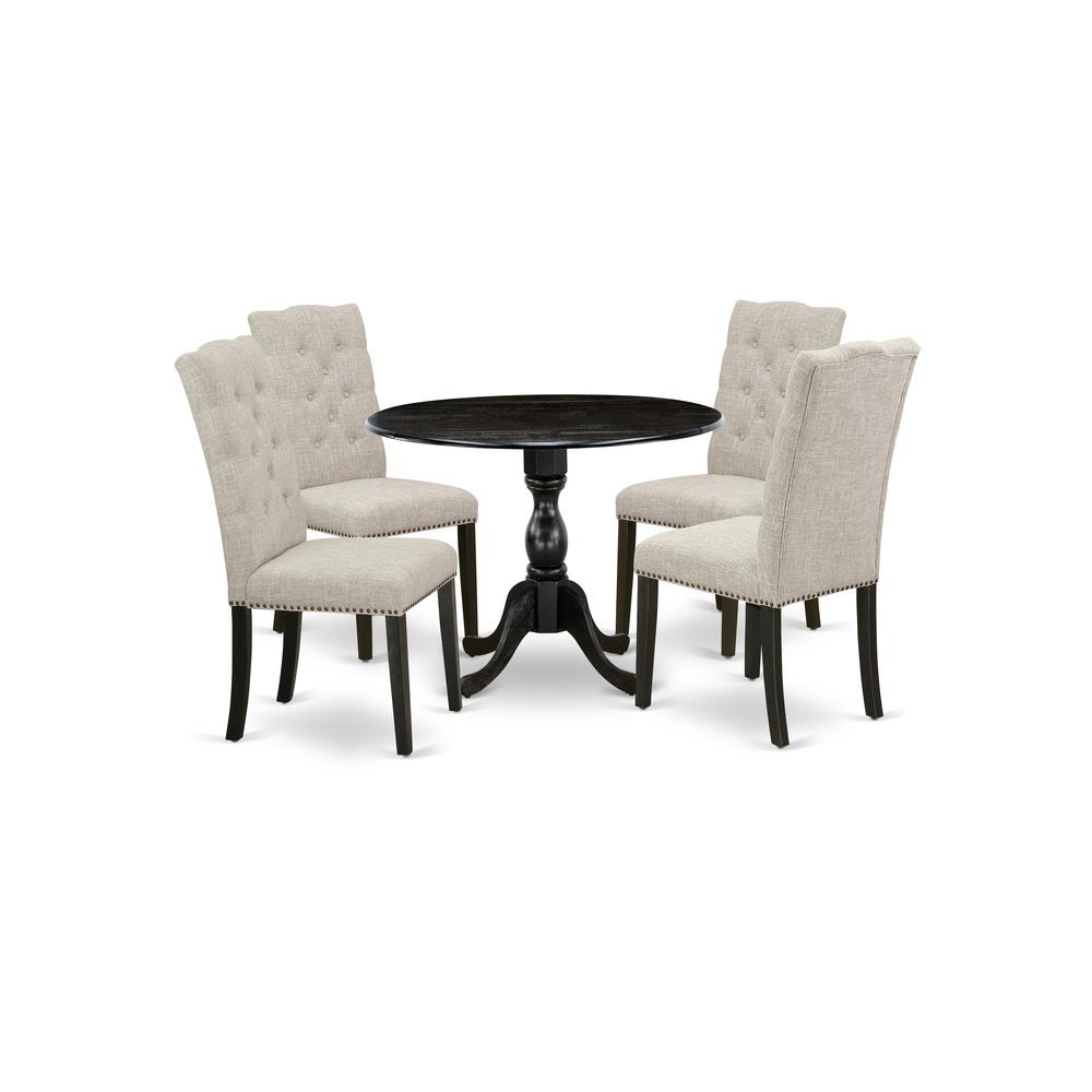 East West Furniture DMEL5-ABK-35 5 Piece Dining Table Set Consists of 1 Drop Leaves Modern Kitchen Table and 4 Doeskin Linen Fabric Dinning Chairs with High Back - Wire Brushed Black Finish. Picture 1
