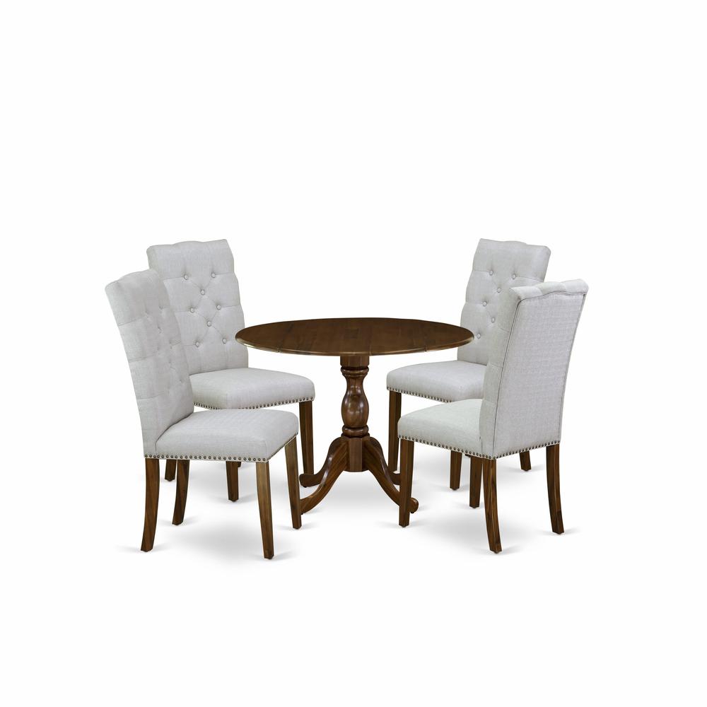 East West Furniture 5 Piece Dining Room Set Contains 1 Drop Leaves Dining Table and 4 Grey Linen Fabric Kitchen Chairs Button Tufted Back white Nail Heads - Acacia Walnut Finish. Picture 2