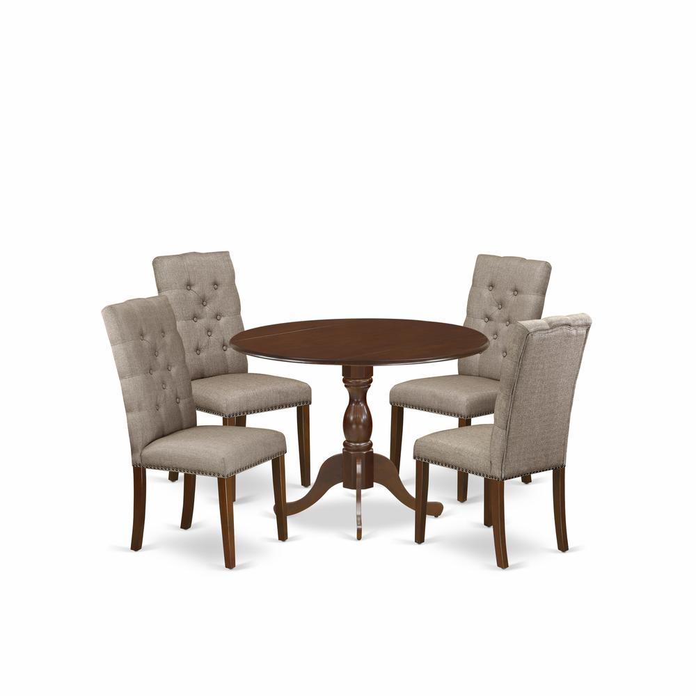 East West Furniture DMEL5-MAH-16 5 Piece Dining Set Includes 1 Drop Leaves Wooden Table and 4 Dark Khaki Linen Fabric Parsons Chair Button Tufted Back with Nail Heads - Mahogany Finish. Picture 1